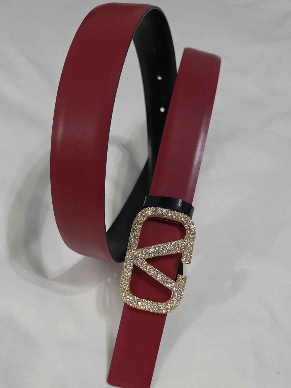 Valentino Garavani Red Black Belt with Gold Crystal Buckle
